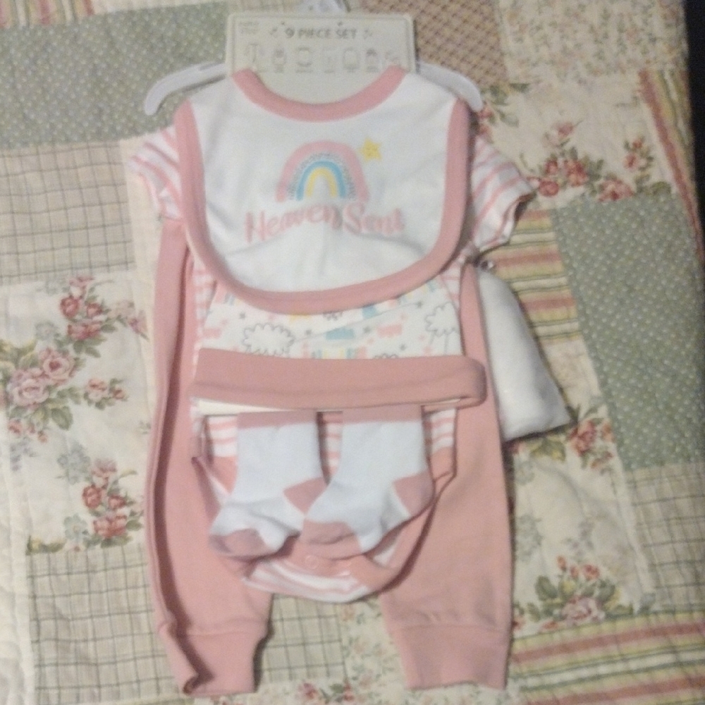 Pink Baby Outfit Set with Rainbow Bib